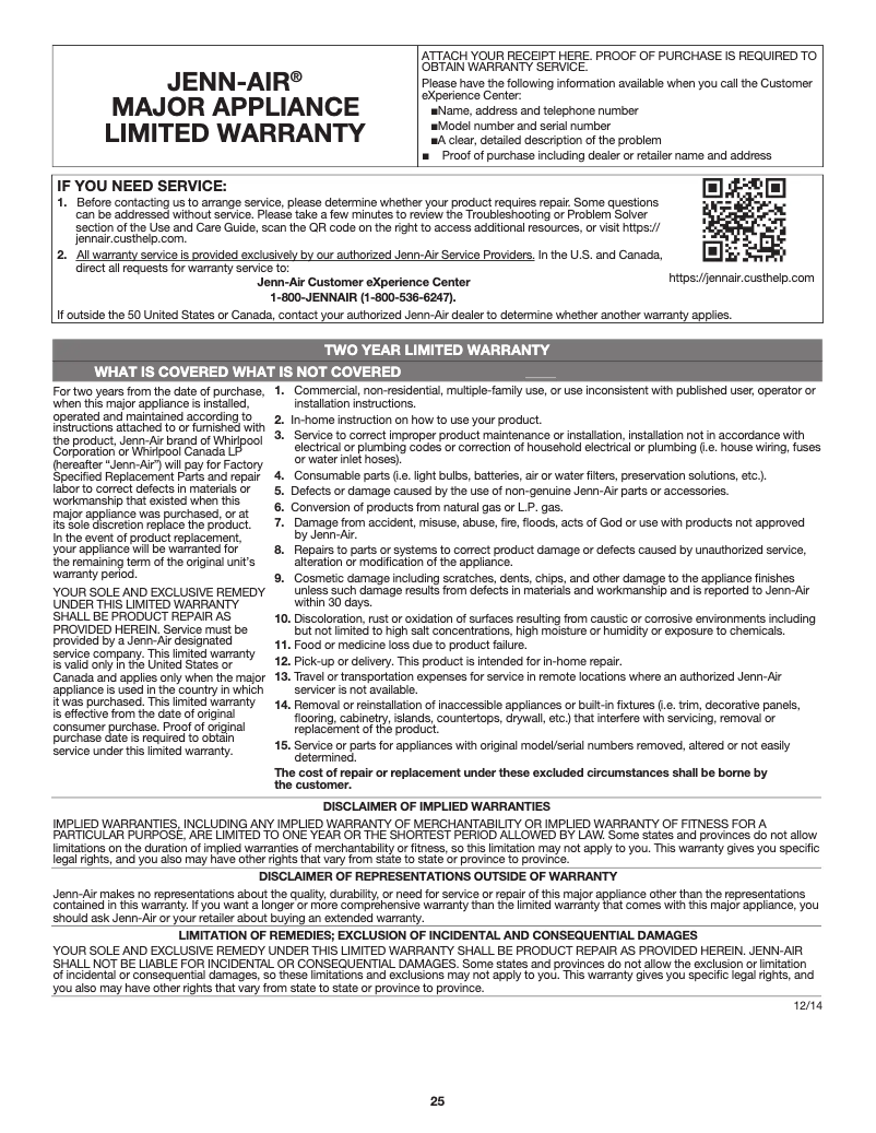 Page 1 of the manual Warranty Information JennAir JGS1450FB