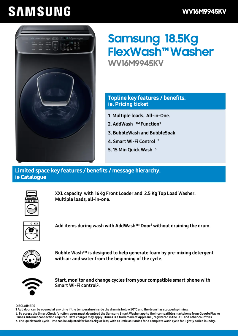 Page 1 of the manual Technical Sheet Samsung WV16M9945KV