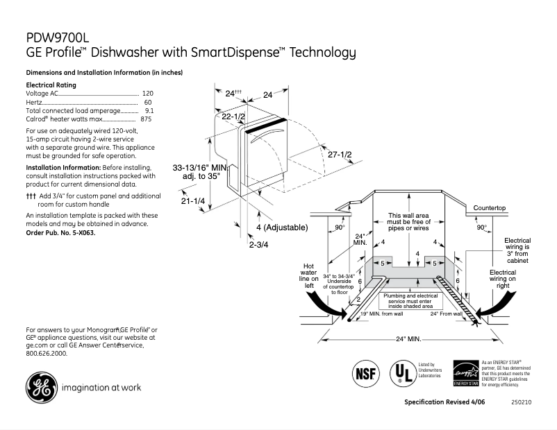 Page 1 of the manual Technical Sheet GE Profile PDW9700LII