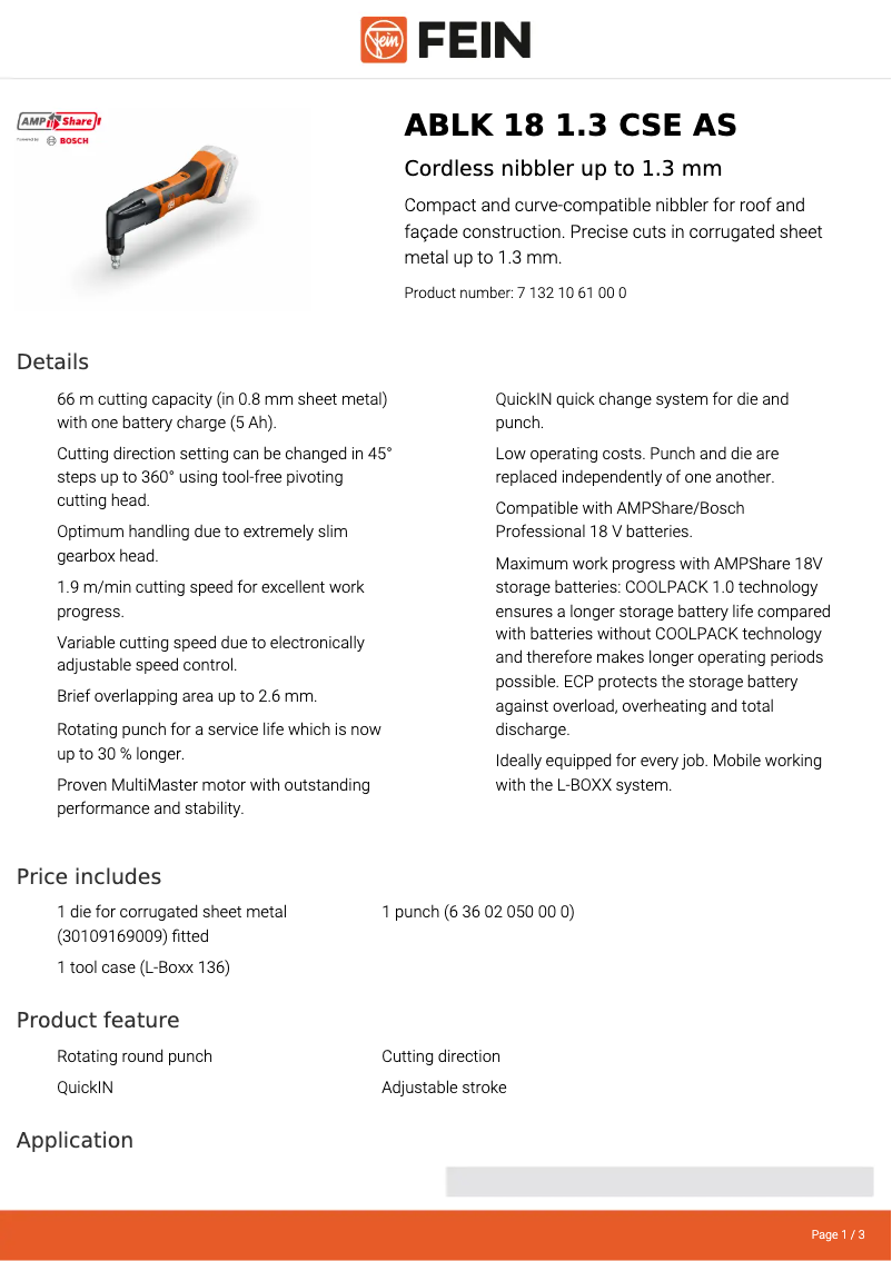 Page 1 of the manual Technical Sheet Fein ABLK 18 1.3 CSE AS