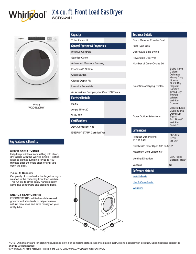 Page 1 of the manual Technical Sheet Whirlpool WGD5620HW