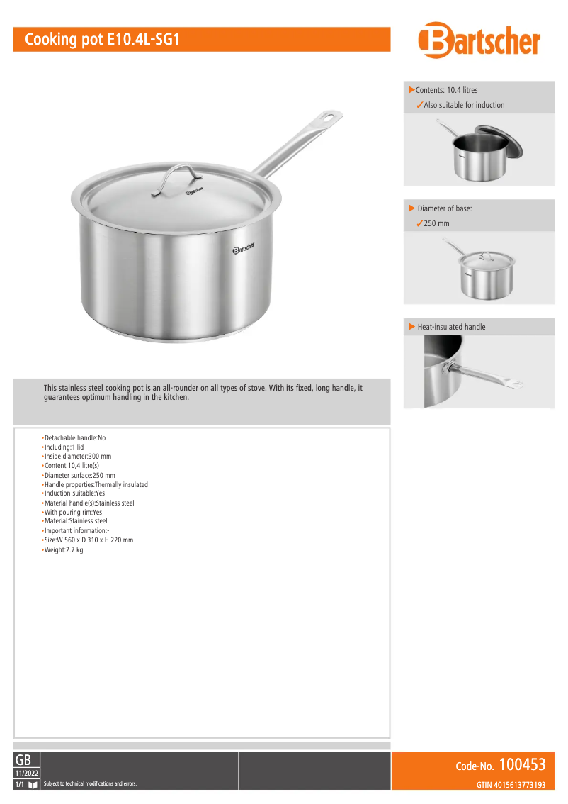 Page 1 of the manual Technical Sheet Bartscher E10.4L-SG1