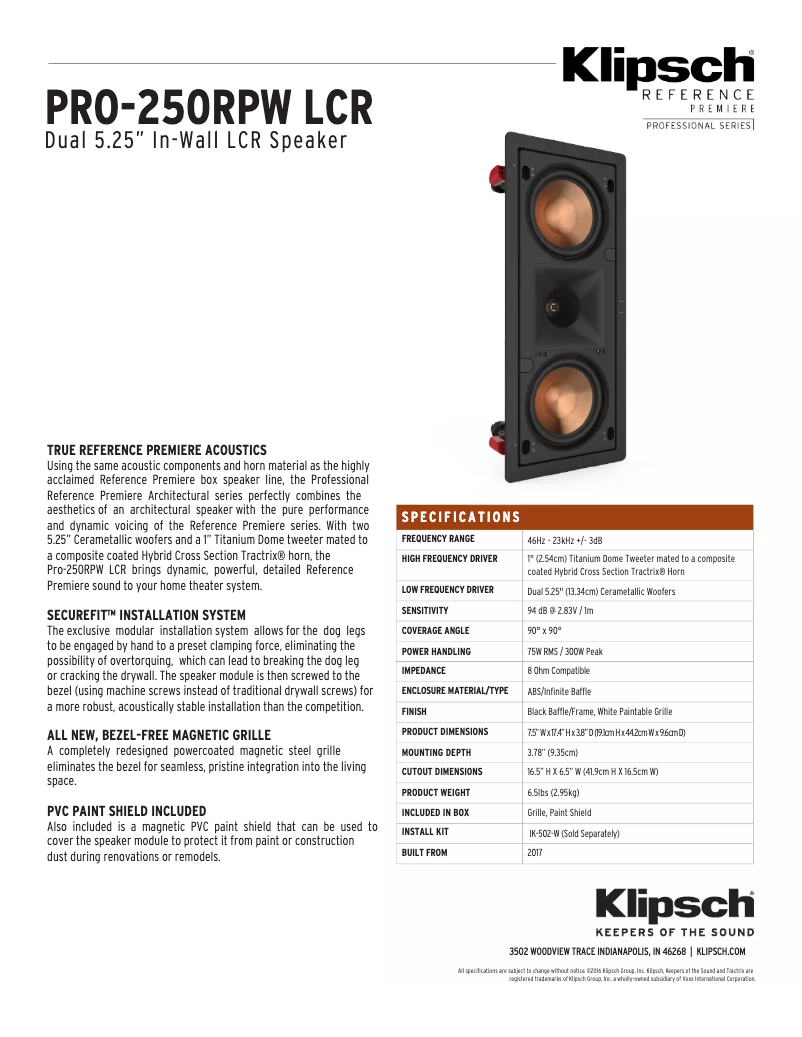 Page 1 of the manual User Manual Klipsch PRO-250RPW LCR