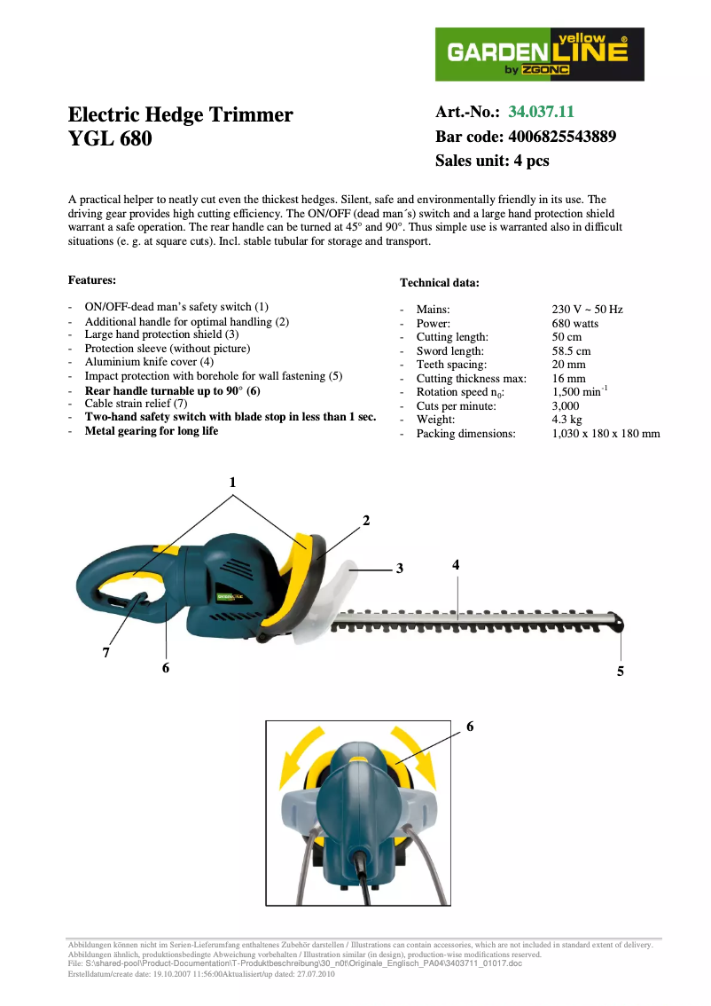 Page 1 of the manual User Manual Yellow Garden Line YGL 680