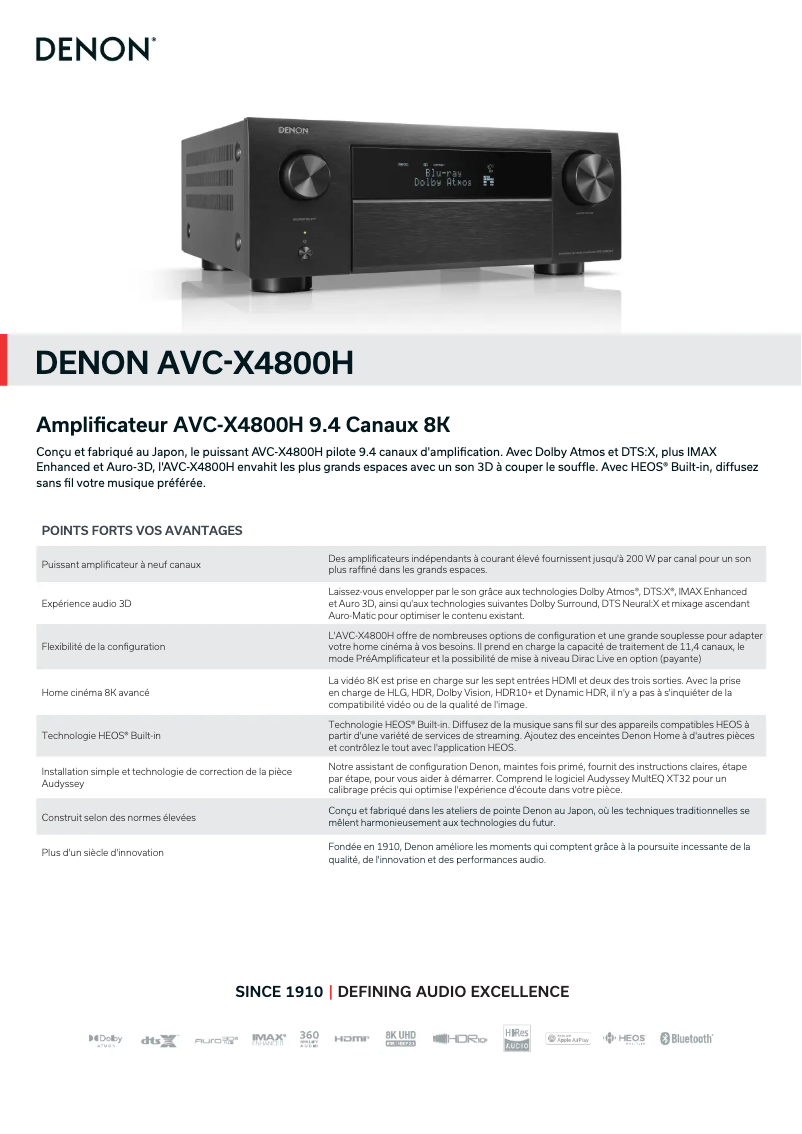 Page 1 of the manual Technical Sheet Denon AVC-X4800H