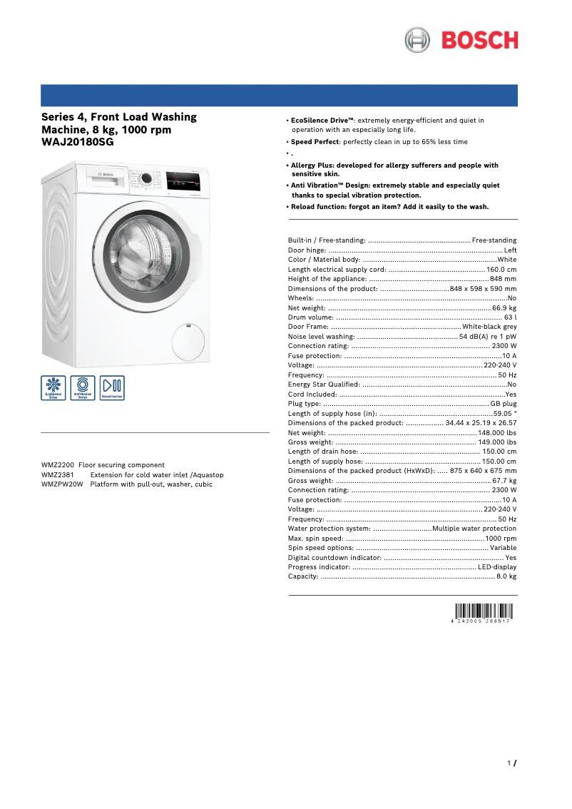 First page image of the manual for WAJ20180SG