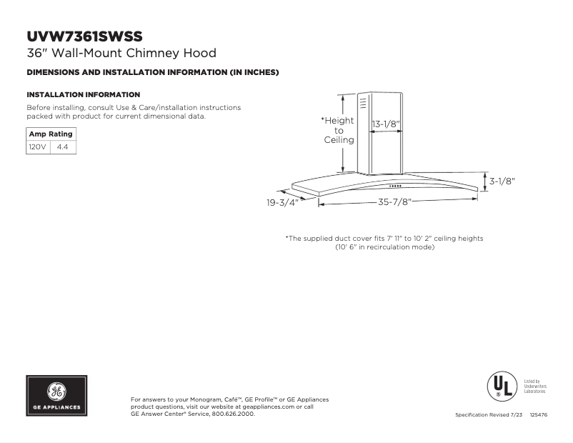 Page 1 of the manual Technical Sheet GE UVW7361SWSS