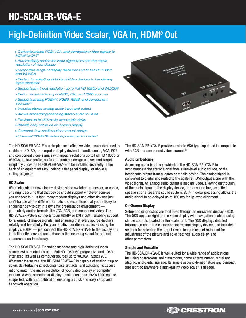 Page 1 of the manual Technical Sheet Crestron HD-SCALER-VGA-E
