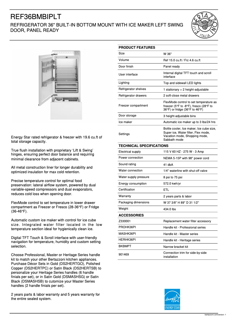 Page 1 of the manual Technical Sheet Bertazzoni REF36BMBIPLT