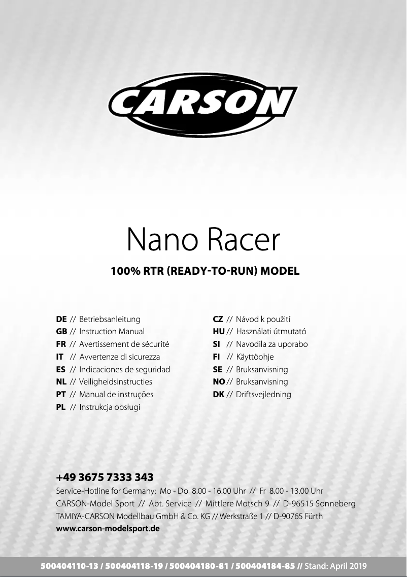 First page image of the manual for Nano Racer Dr. Speed