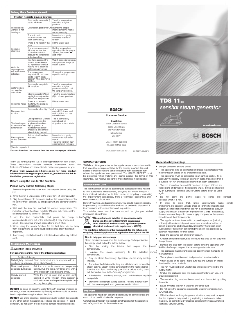 Page 1 of the manual User Manual Bosch Sensixx Steam Generator TDS1135GB