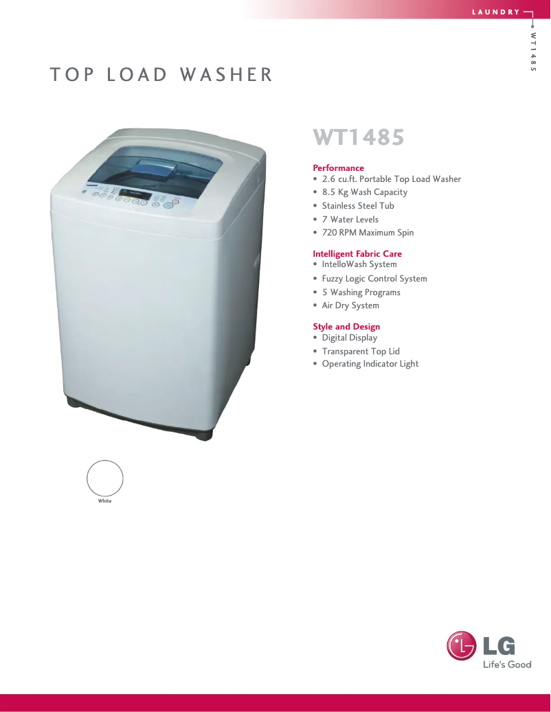 Page 1 of the manual Technical Sheet LG WT1485CW