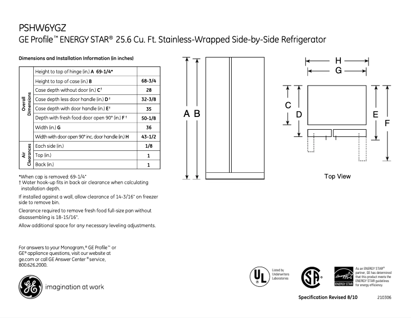 Page 1 of the manual Technical Sheet GE PSHW6YGZSS