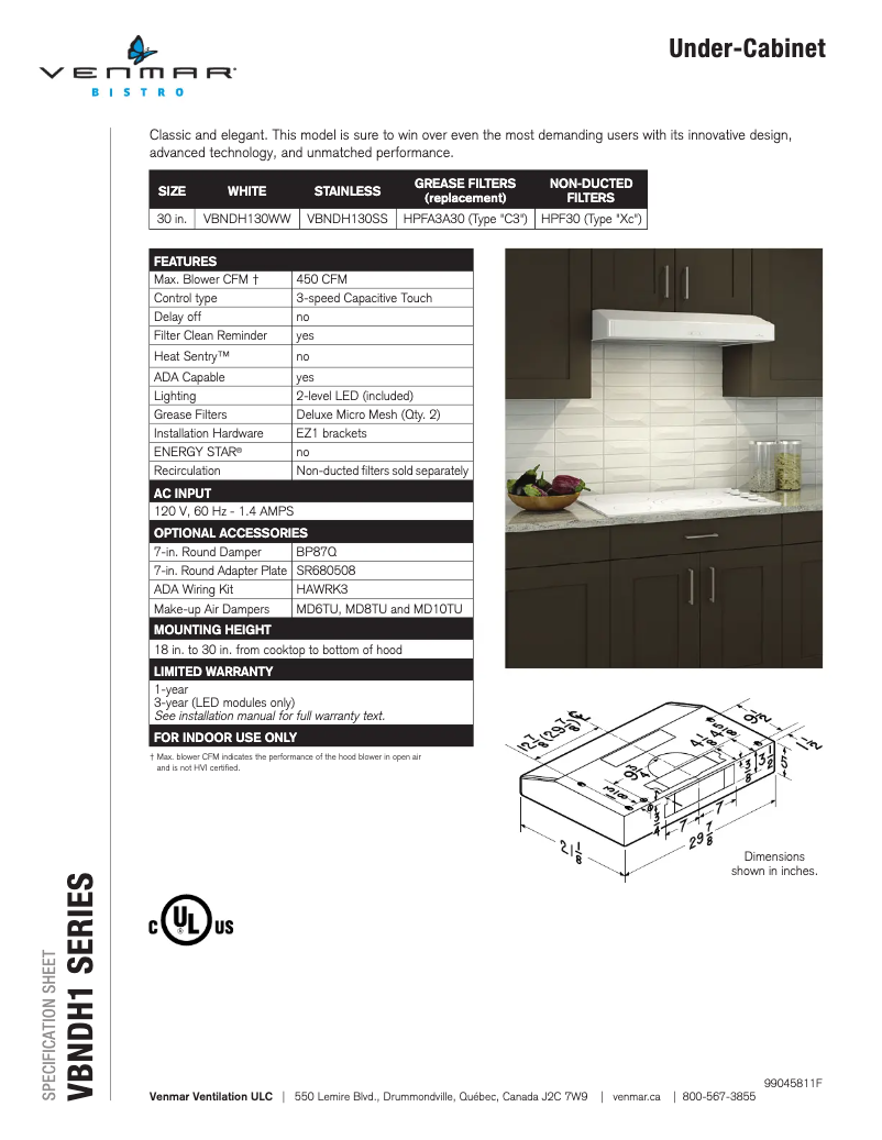 First page image of the manual for Bistro VBNDH130WW