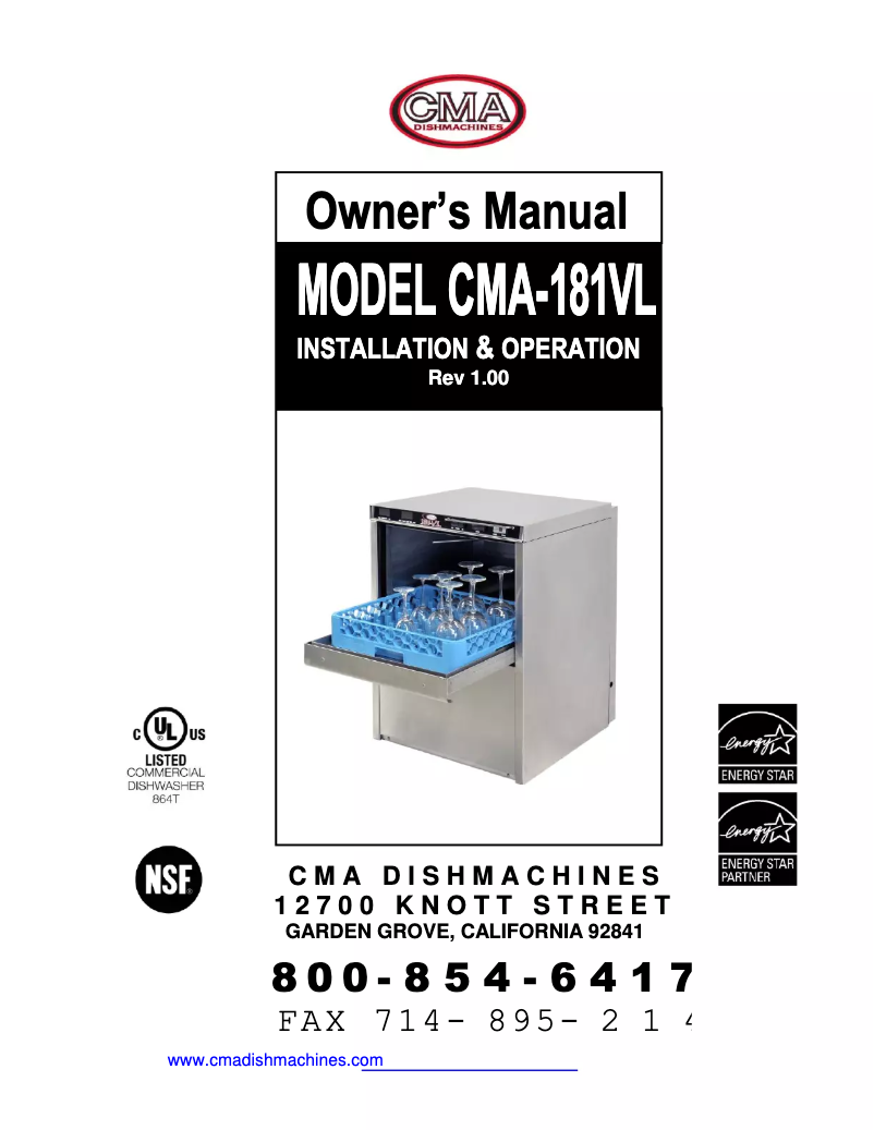 Page 1 of the manual User Manual CMA Dishmachines CMA-181VL
