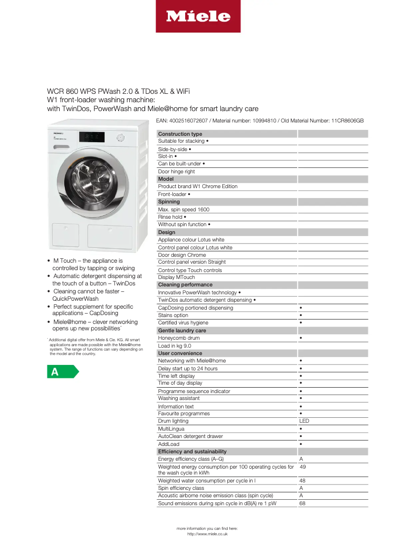 Page 1 of the manual Technical Sheet Miele WCR 860 WPS
