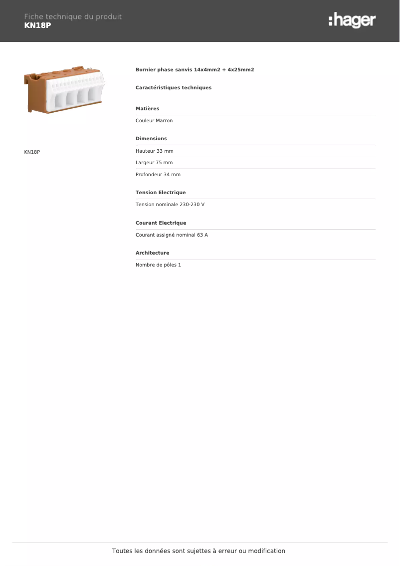 Page 1 of the manual Technical Sheet Hager KN18P