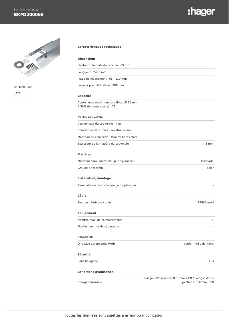 Page 1 of the manual Technical Sheet Hager BKFD200065