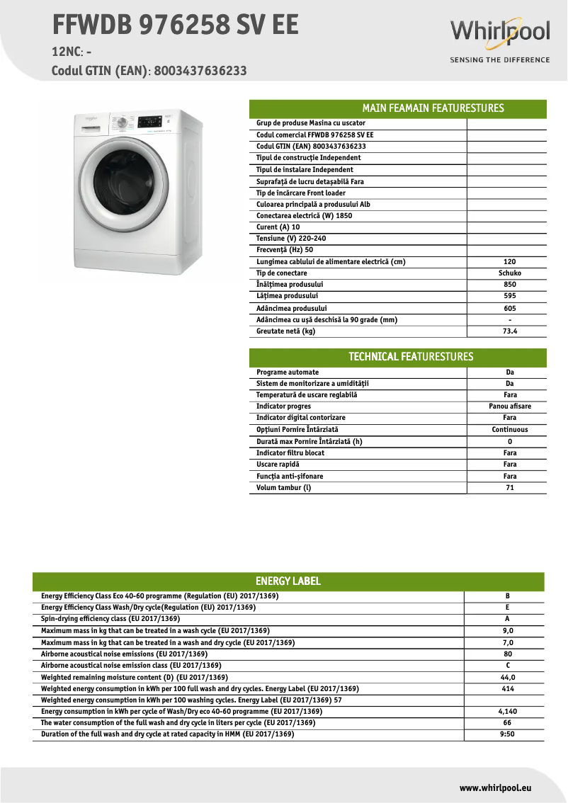 First page image of the manual for FFWDB 976258 SV EE