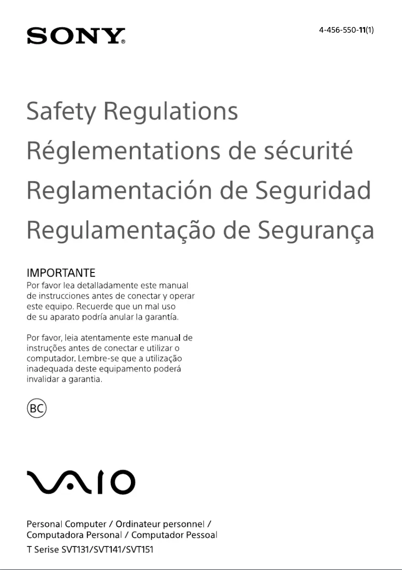 Page 1 of the manual Safety Instructions Sony Vaio Tab 14 SVT14125CXS
