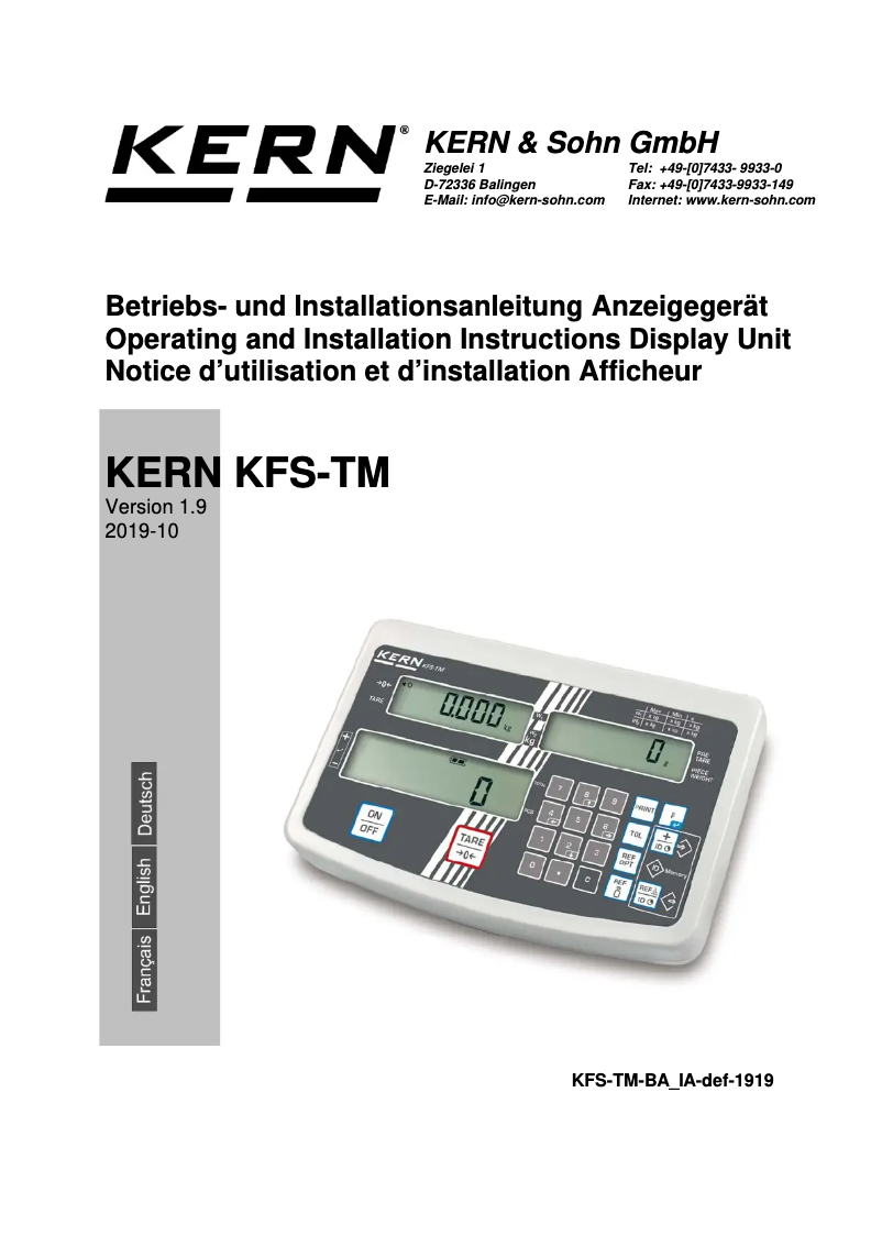 Page 1 of the manual Installation Guide Kern KFS-TM