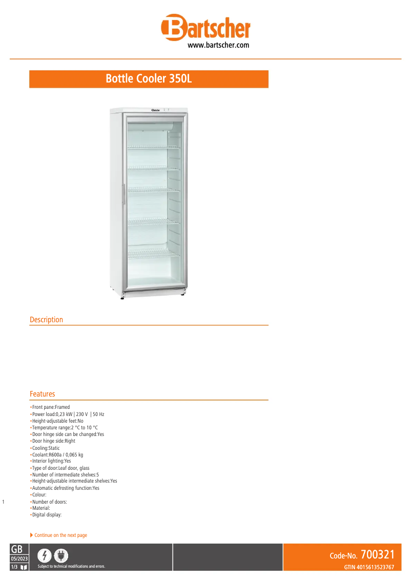 Page 1 of the manual Technical Sheet Bartscher 700321