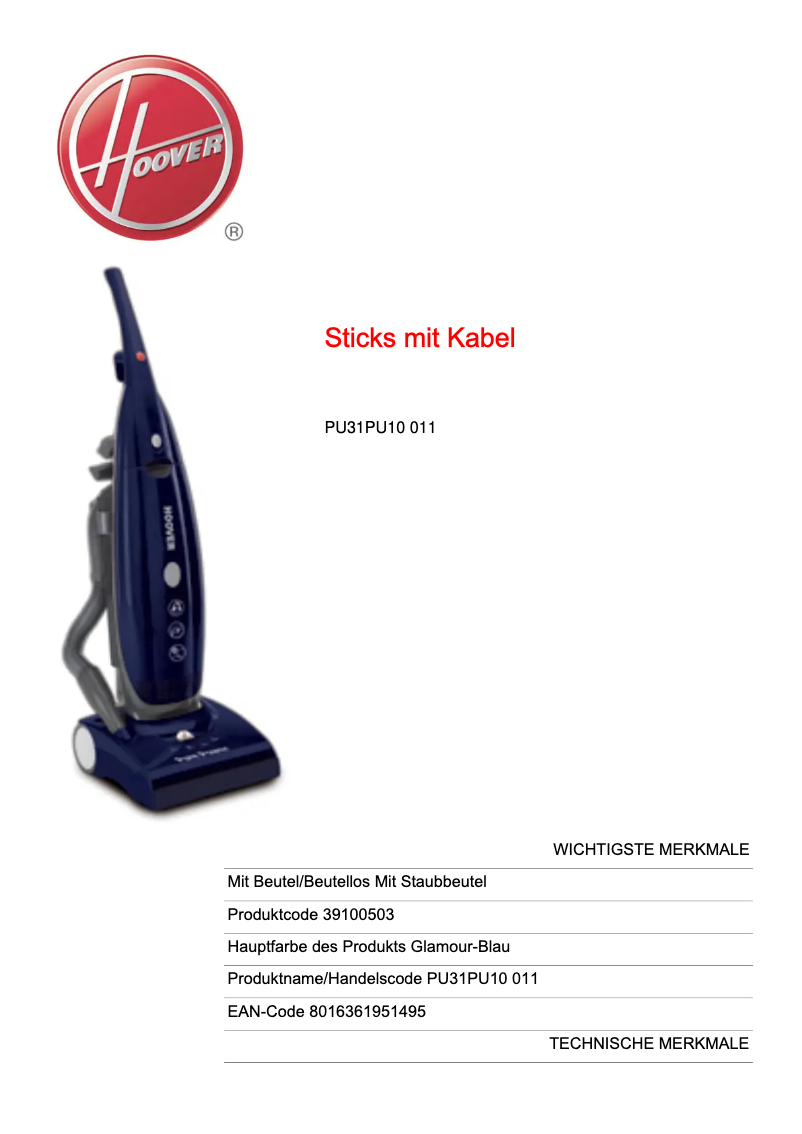 Page 1 of the manual Technical Sheet Hoover Pure Power PU31PU10 011