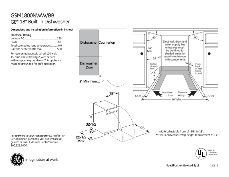 Page 1 of the manual Technical Sheet GE GSM1800NBB