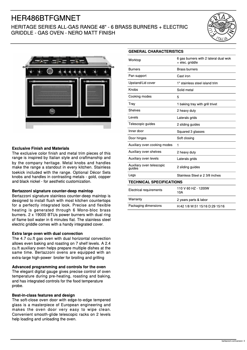 Page 1 of the manual Technical Sheet Bertazzoni HER486BTFGMNET