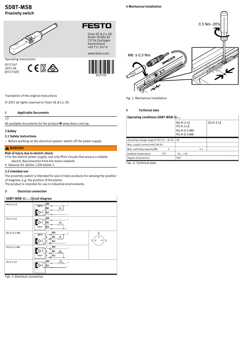 First page image of the manual for SDBT-MSB-1L-NU-K-2-LE