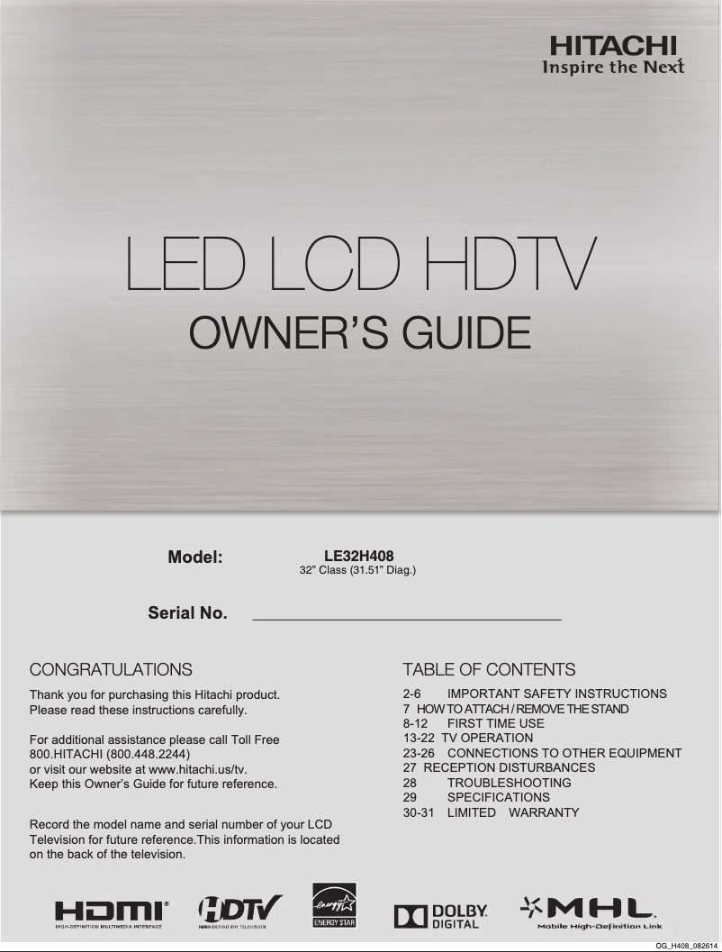 Page 1 of the manual User Manual Hitachi LE32H408