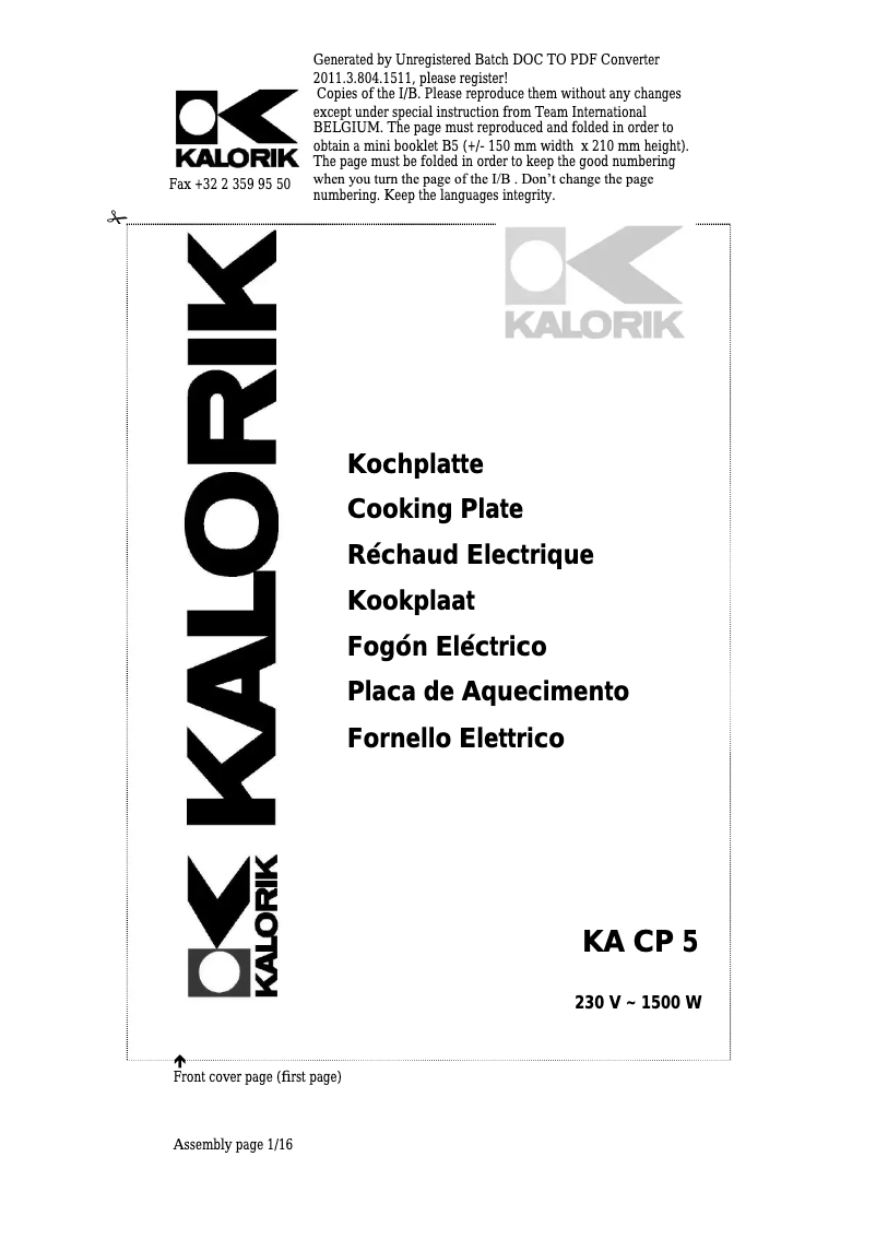 Page 1 of the manual User Manual Kalorik KA CP 5