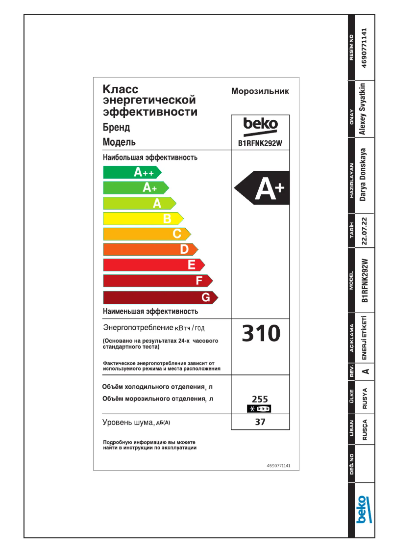 Page 1 of the manual User Manual Beko B1RFNK292W