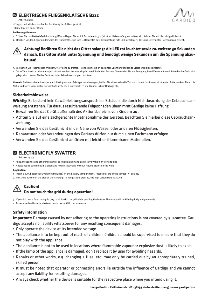 Page 1 of the manual User Manual Gardigo Bzzz