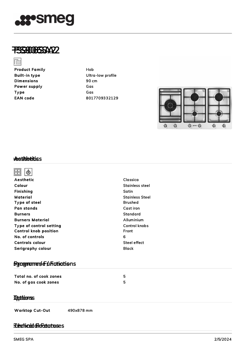 Page 1 of the manual Technical Sheet Smeg PS906SA2