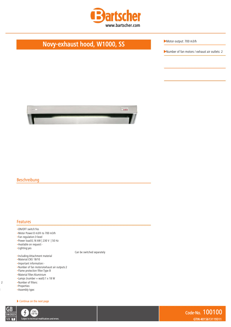 Page 1 of the manual Technical Sheet Bartscher 100100