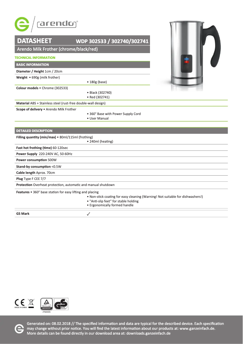 First page image of the manual for Milksky 302741