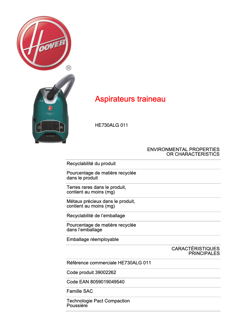 Page 1 of the manual Technical Sheet Hoover H-ENERGY 700 HE730ALG 011