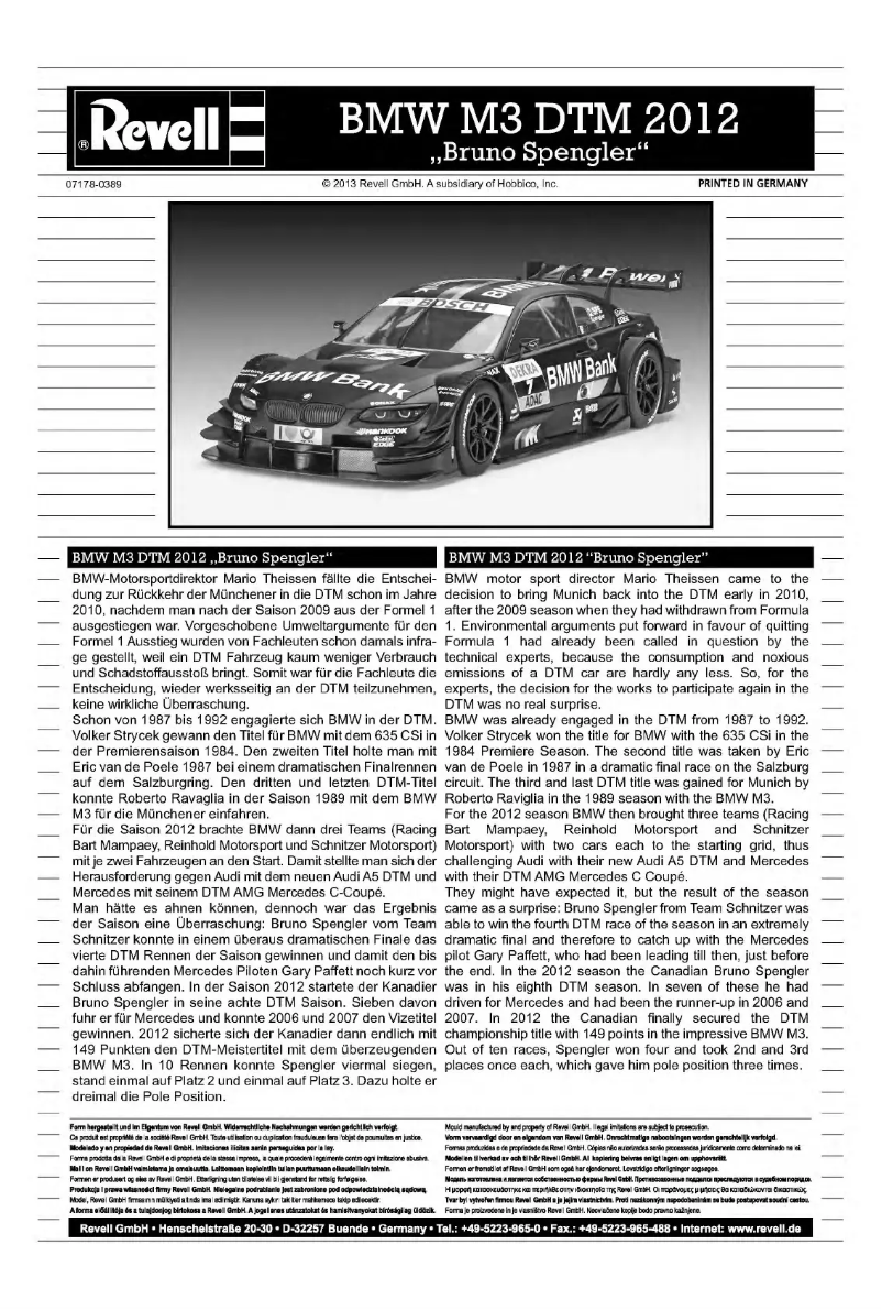 Page 1 of the manual User Manual Revell BMW M3 DTM 2012 Bruno Spengler
