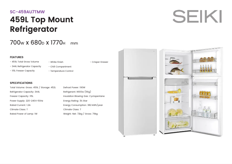 Page 1 of the manual Technical Sheet Seiki SC-459AU7TMW