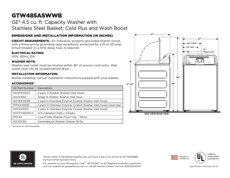 Page 1 of the manual Technical Sheet GE GTW485ASWWB