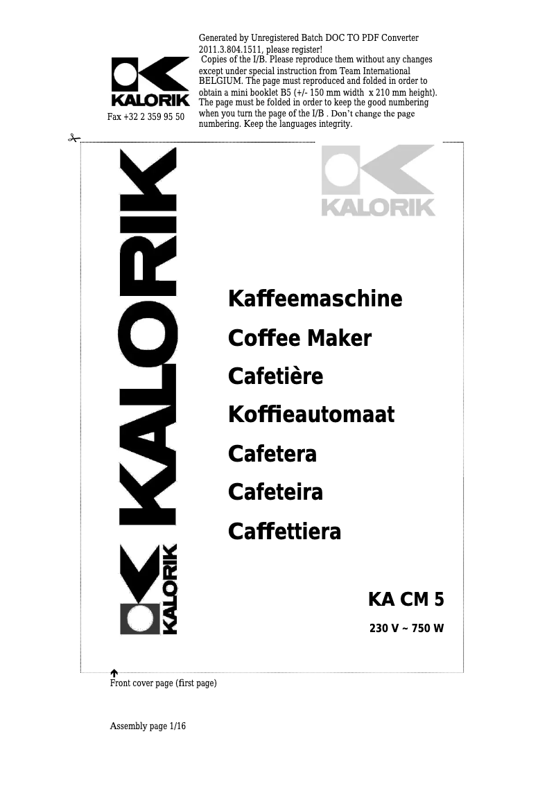 Page 1 of the manual User Manual Kalorik KA CM 5