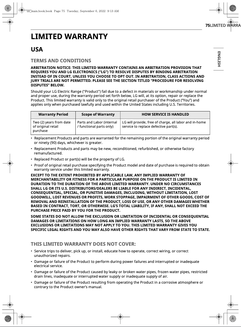 Page 1 of the manual Warranty Information LG LSIS6338F
