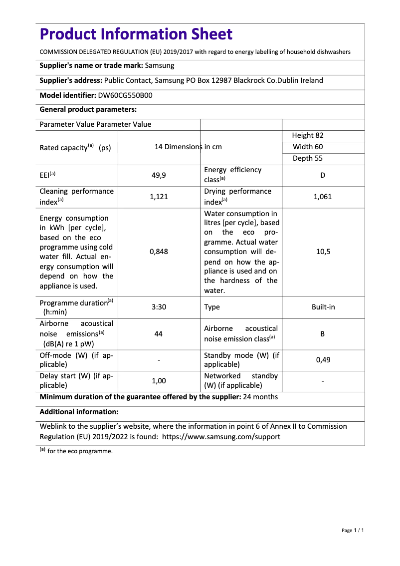First page image of the manual for DW60CG550B00