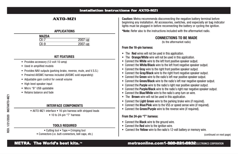 First page image of the manual for AXTO-MZ1