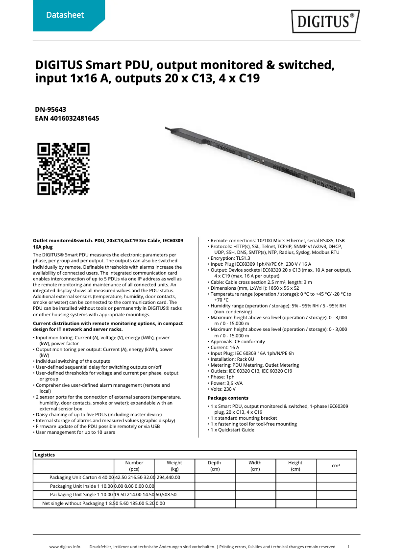 Page 1 of the manual Technical Sheet Digitus DN-95643