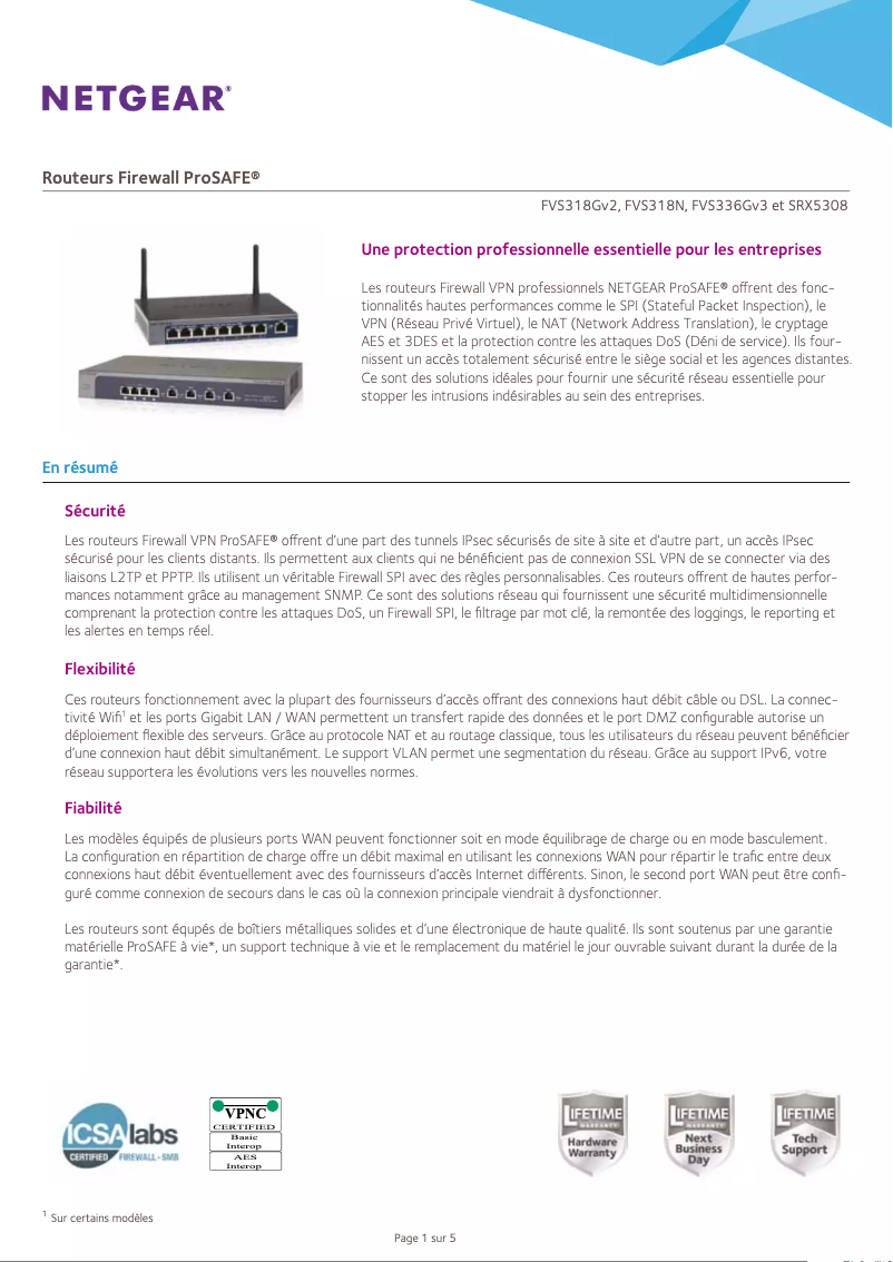 Page 1 of the manual Technical Sheet Netgear FVS336Gv3