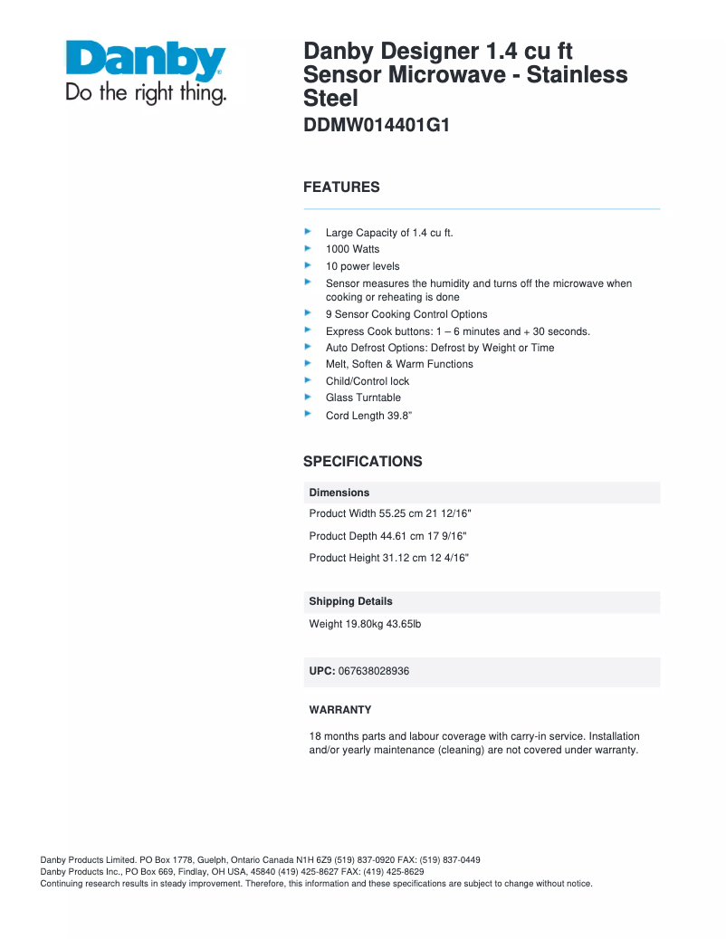 Page 1 of the manual Technical Sheet Danby DDMW014401G1