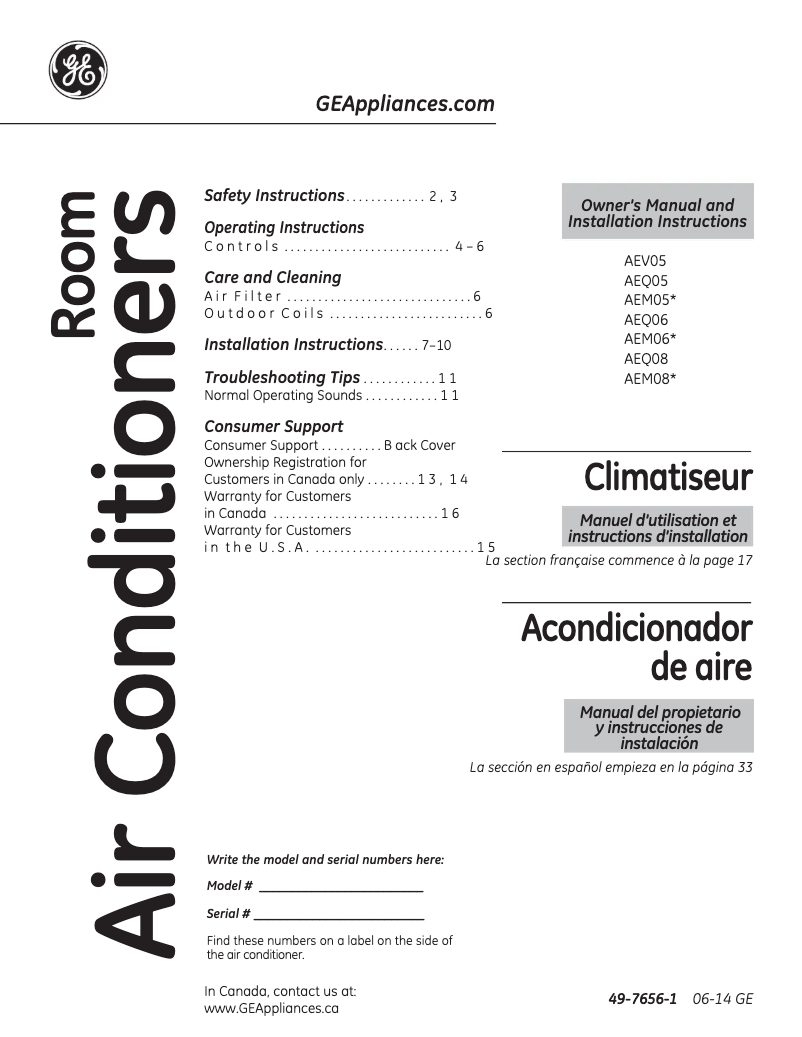 Page 1 of the manual Instruction Manual GE AEV05LS