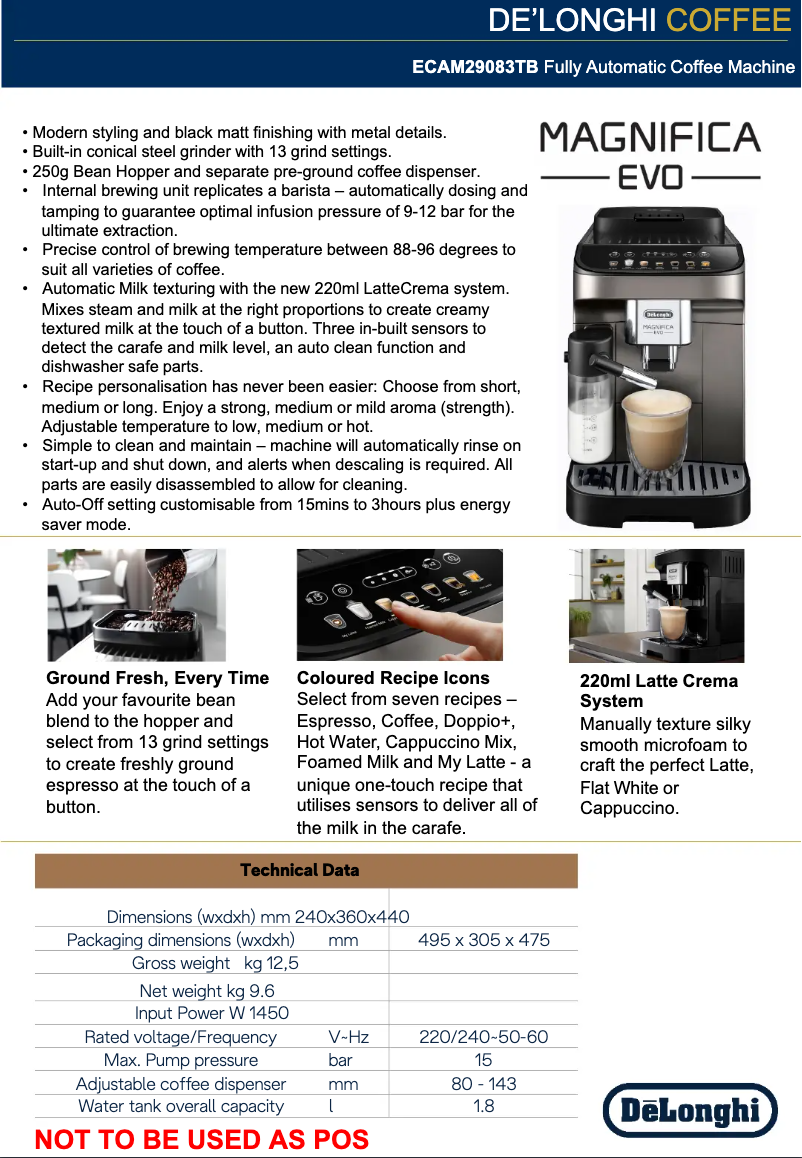 Page 1 of the manual Technical Sheet DeLonghi Magnifica EVO ECAM290.31.SB